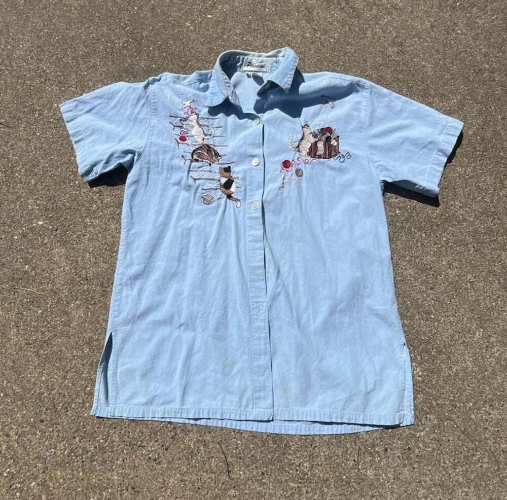 Passion Vintage Cat Embroidered Light Wash Denim Short Sleeve Button Down Shirt
